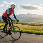 Ciclista indossa abbigliamento ciclismo primavera con layering: maglia traspirante, giacca leggera e giubbino impermeabile, paesaggio primaverile sullo sfondo