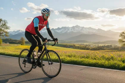 Ciclista indossa abbigliamento ciclismo primavera con layering: maglia traspirante, giacca leggera e giubbino impermeabile, paesaggio primaverile sullo sfondo