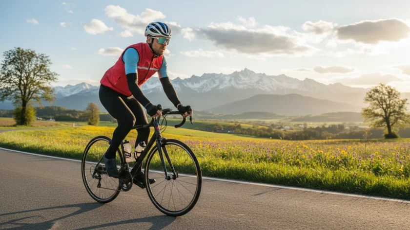 Ciclista indossa abbigliamento ciclismo primavera con layering: maglia traspirante, giacca leggera e giubbino impermeabile, paesaggio primaverile sullo sfondo