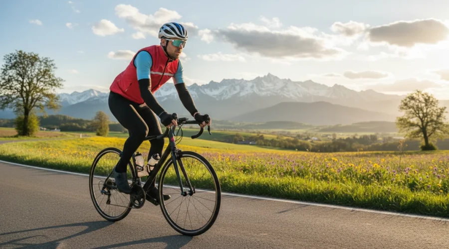Ciclista indossa abbigliamento ciclismo primavera con layering: maglia traspirante, giacca leggera e giubbino impermeabile, paesaggio primaverile sullo sfondo