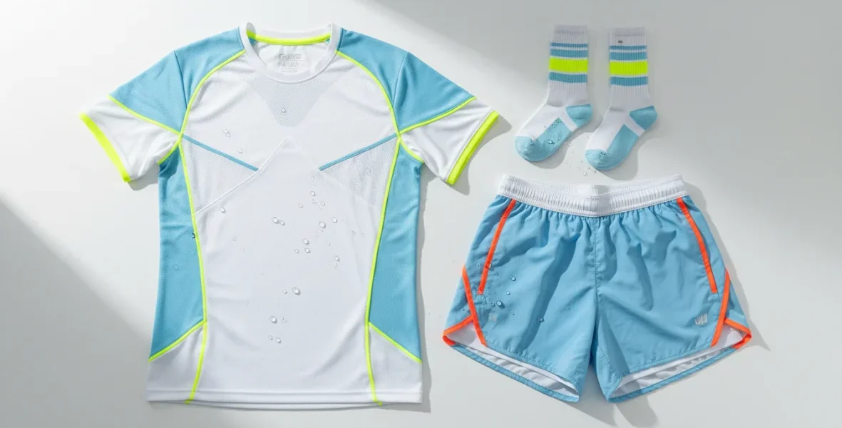 Abbigliamento sportivo caldo con tessuti tecnici traspiranti per l'estate, magliette e pantaloncini running in fibre sintetiche