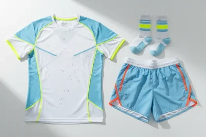 Abbigliamento sportivo caldo con tessuti tecnici traspiranti per l'estate, magliette e pantaloncini running in fibre sintetiche