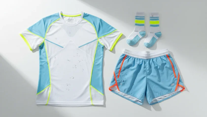 Abbigliamento sportivo caldo con tessuti tecnici traspiranti per l'estate, magliette e pantaloncini running in fibre sintetiche