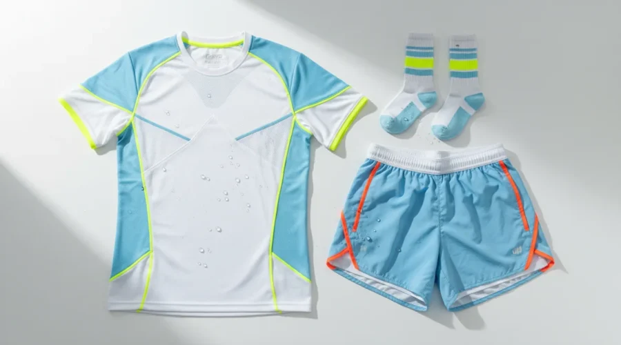Abbigliamento sportivo caldo con tessuti tecnici traspiranti per l'estate, magliette e pantaloncini running in fibre sintetiche