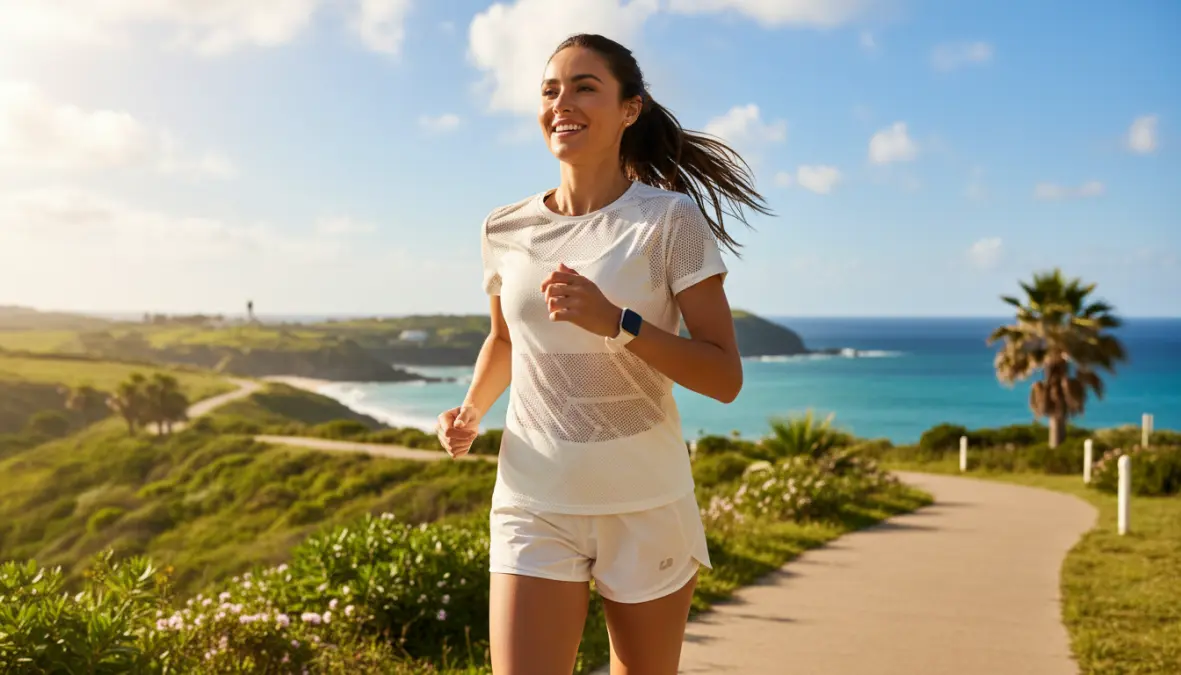 Donna che indossa abbigliamento sportivo tecnico leggero durante running estivo, maglietta traspirante e pantaloncini estate