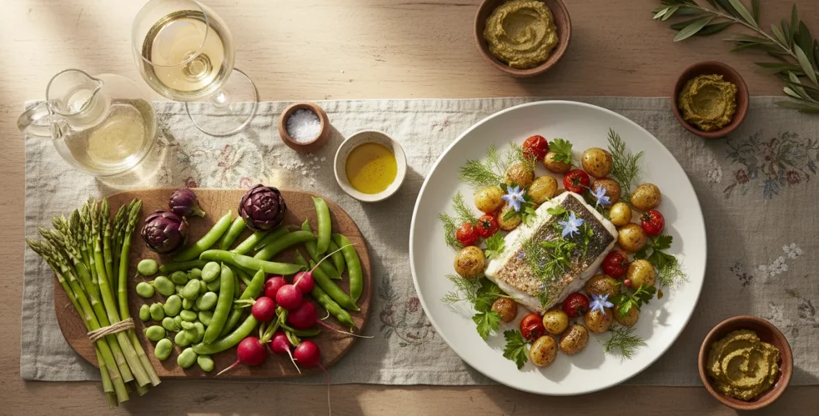 Abbinamento cibo vino primavera con vino bianco fresco, asparagi e verdure di stagione