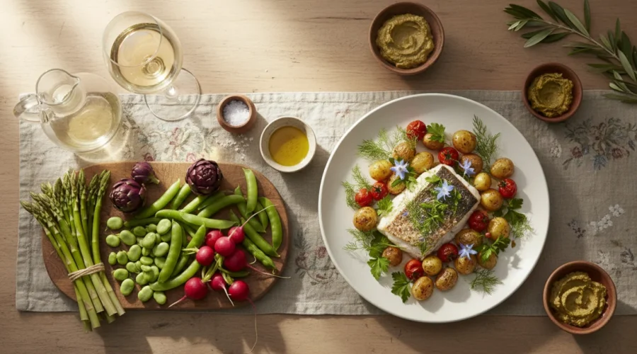 Abbinamento cibo vino primavera con vino bianco fresco, asparagi e verdure di stagione