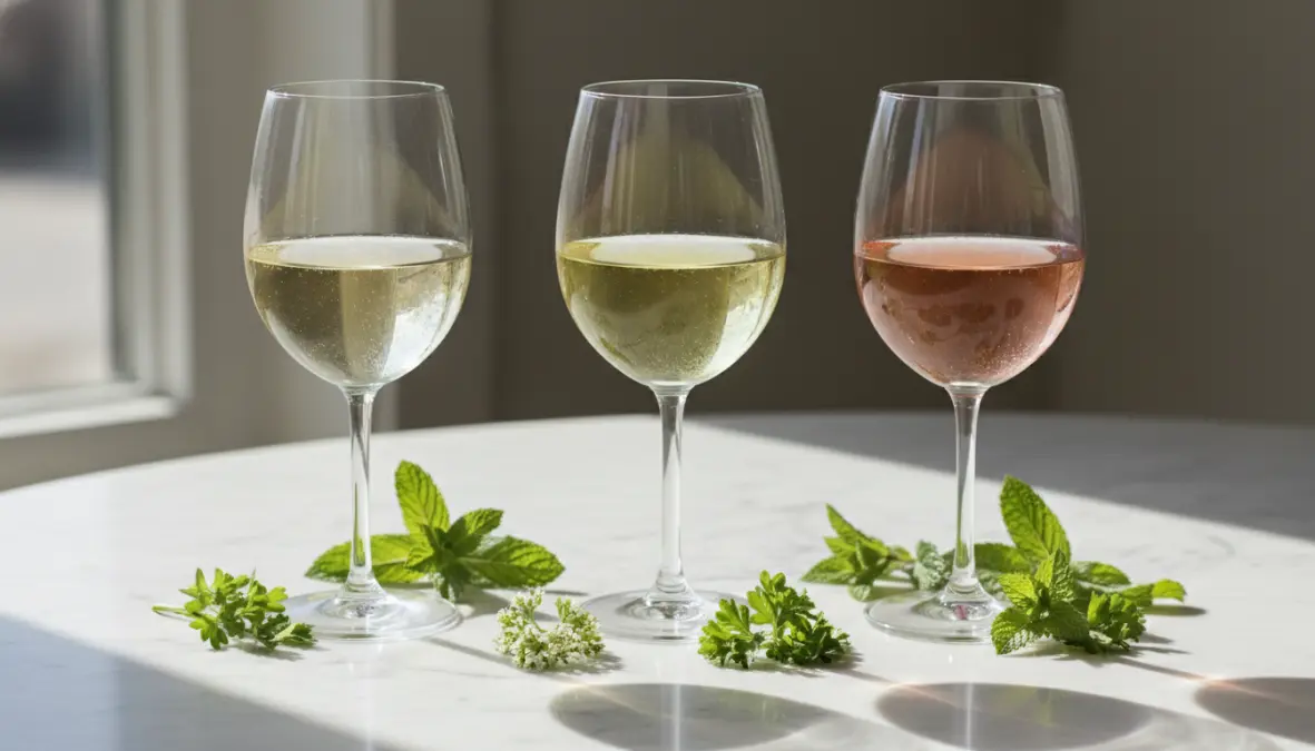 Tre bicchieri con vini bianchi e rosati per l'abbinamento vino primavera: Pinot Grigio, Sauvignon Blanc e rosato secco