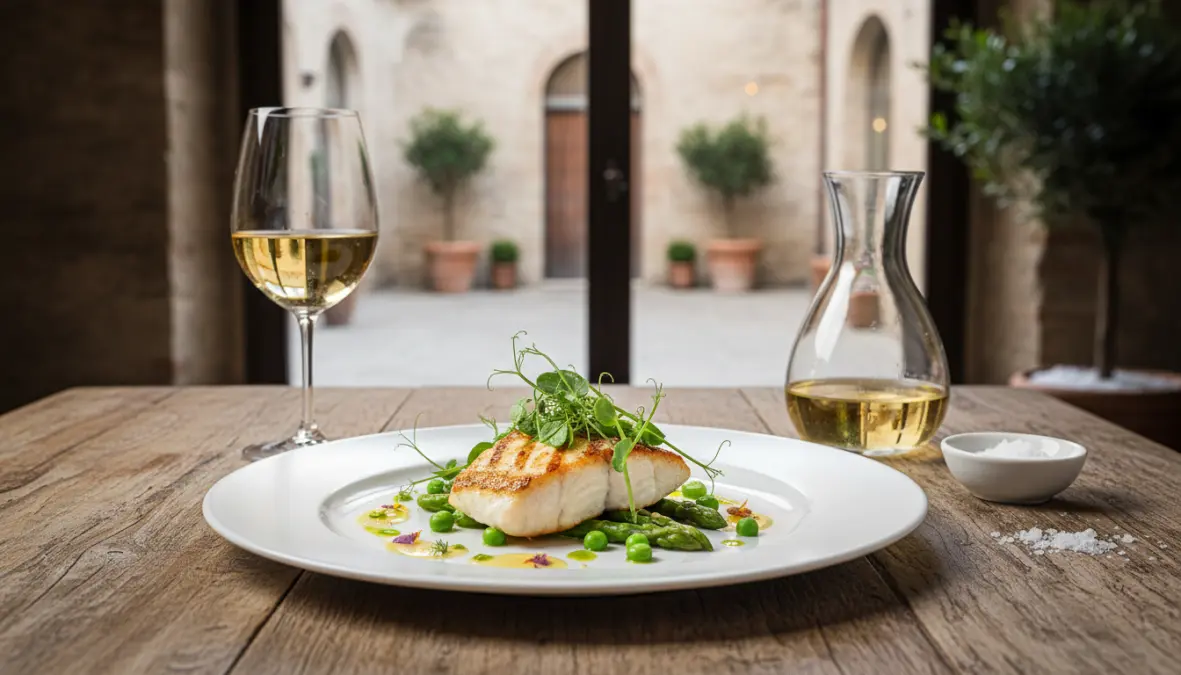 Piatto primaverile con pesce bianco, asparagi e vino bianco abbinato perfettamente