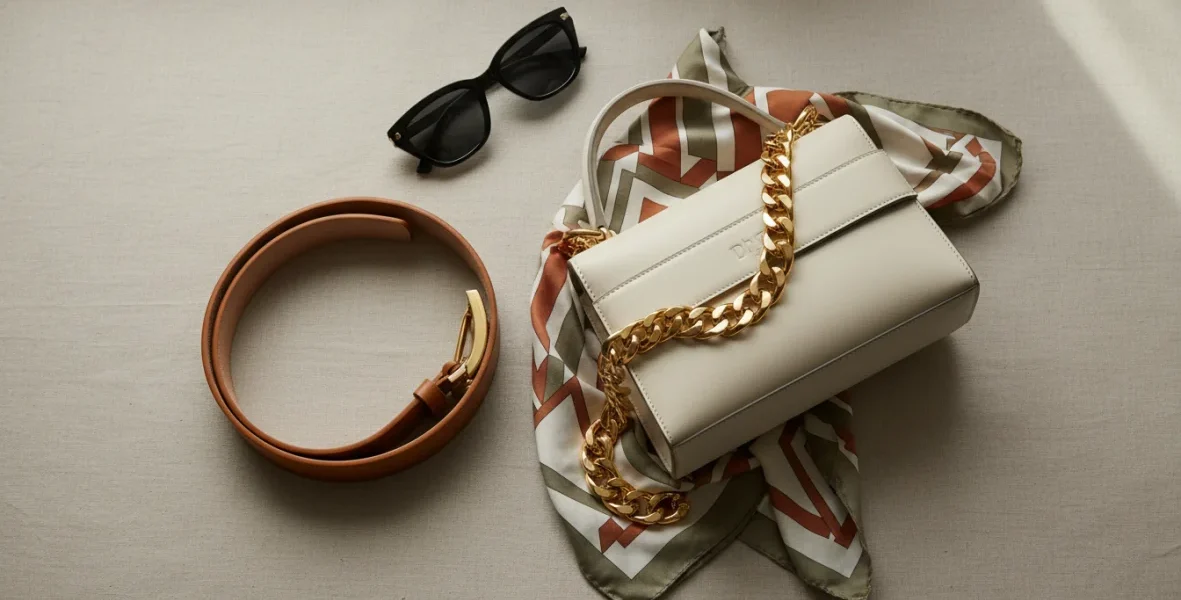 Accessori di moda donna per styling outfit: cintura in pelle, borsa strutturata, collana oro, occhiali da sole e sciarpa su sfondo neutro