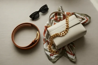 Accessori di moda donna per styling outfit: cintura in pelle, borsa strutturata, collana oro, occhiali da sole e sciarpa su sfondo neutro