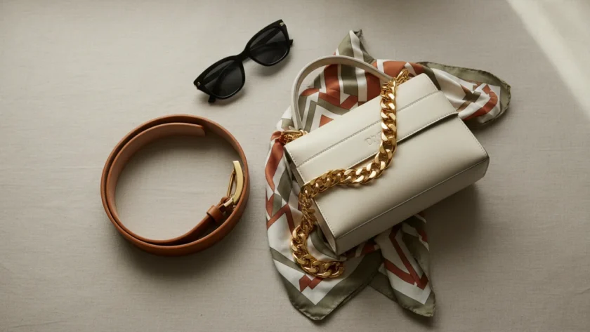 Accessori di moda donna per styling outfit: cintura in pelle, borsa strutturata, collana oro, occhiali da sole e sciarpa su sfondo neutro