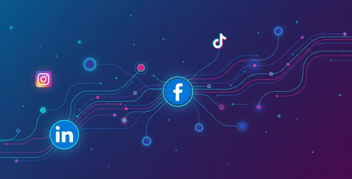 Visualizzazione grafica degli algoritmi social media con connessioni di rete digitali, icone delle principali piattaforme social e design tecnologico moderno