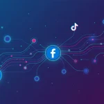 Visualizzazione grafica degli algoritmi social media con connessioni di rete digitali, icone delle principali piattaforme social e design tecnologico moderno