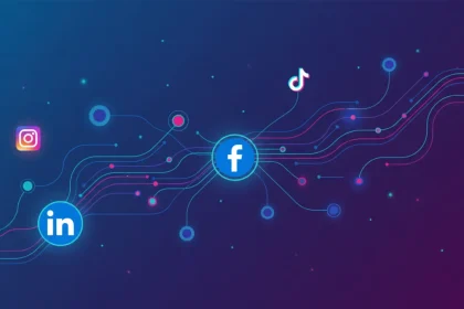 Visualizzazione grafica degli algoritmi social media con connessioni di rete digitali, icone delle principali piattaforme social e design tecnologico moderno