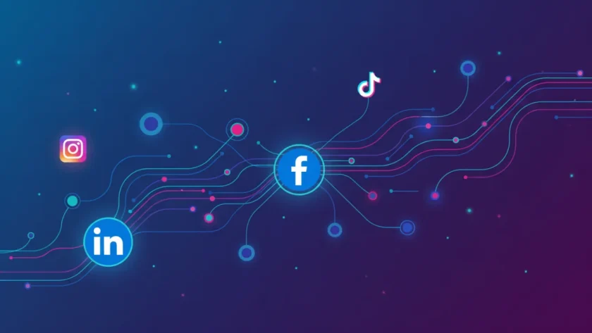 Visualizzazione grafica degli algoritmi social media con connessioni di rete digitali, icone delle principali piattaforme social e design tecnologico moderno
