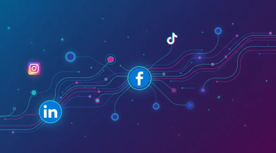 Visualizzazione grafica degli algoritmi social media con connessioni di rete digitali, icone delle principali piattaforme social e design tecnologico moderno