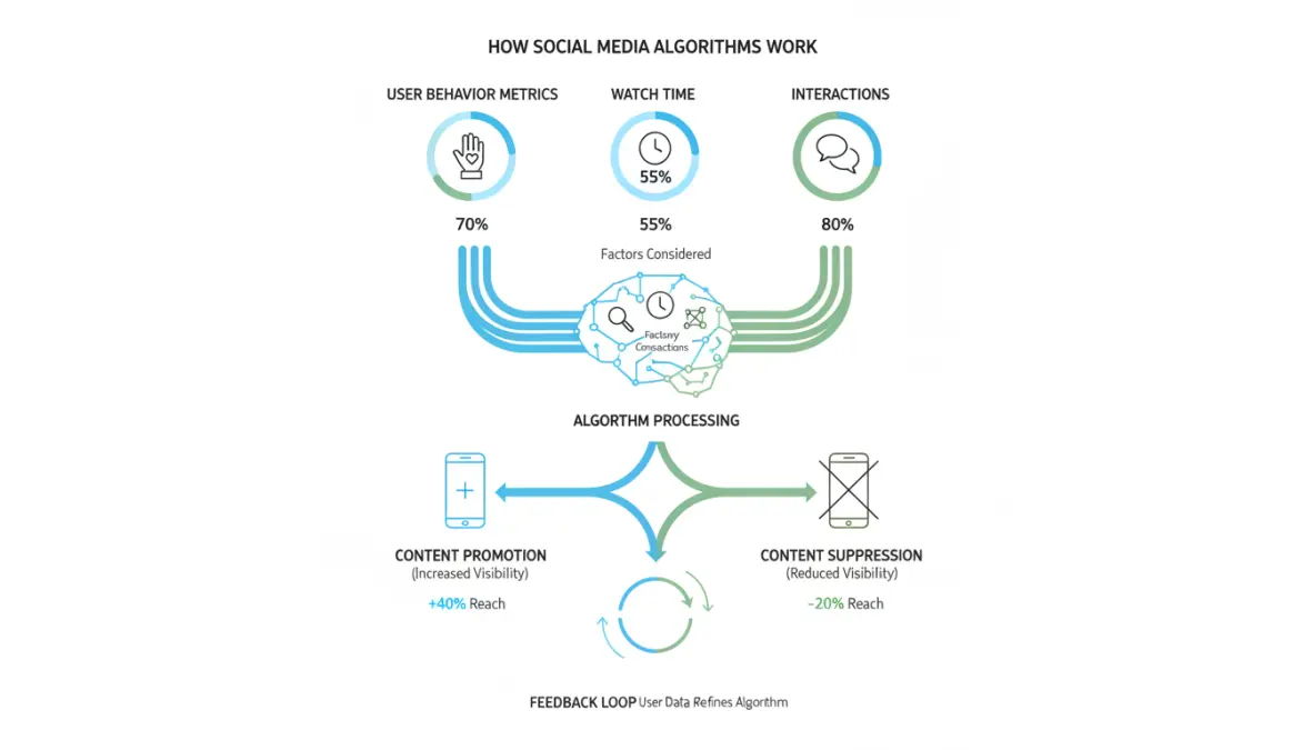 Infografica su come funzionano gli algoritmi social media con metriche di engagement e interazioni degli utenti