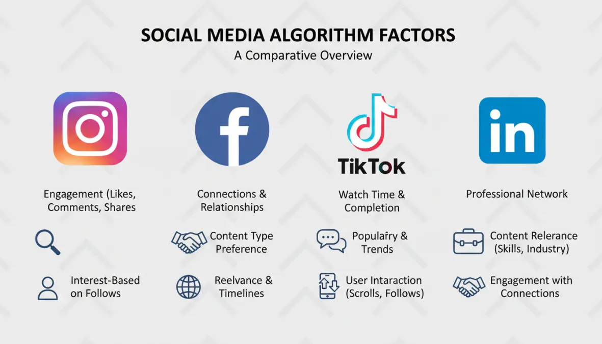 Confronto visuale tra i diversi algoritmi delle piattaforme social: Instagram, Facebook, TikTok e LinkedIn con i loro fattori specifici