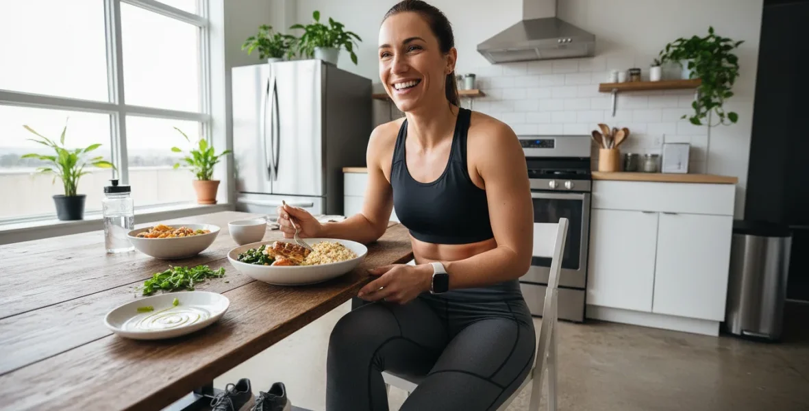 Runner che mangia un pasto equilibrato dopo la corsa: alimentazione runner con proteine e carboidrati per il recupero muscolare
