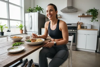 Runner che mangia un pasto equilibrato dopo la corsa: alimentazione runner con proteine e carboidrati per il recupero muscolare
