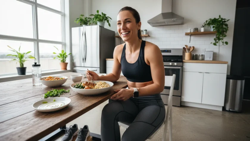 Runner che mangia un pasto equilibrato dopo la corsa: alimentazione runner con proteine e carboidrati per il recupero muscolare