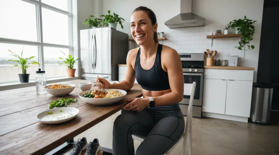 Runner che mangia un pasto equilibrato dopo la corsa: alimentazione runner con proteine e carboidrati per il recupero muscolare