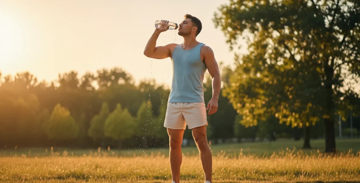 Atleta che beve acqua durante l'esercizio con caldo in estate, idratazione durante l'allenamento estivo