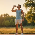 Atleta che beve acqua durante l'esercizio con caldo in estate, idratazione durante l'allenamento estivo