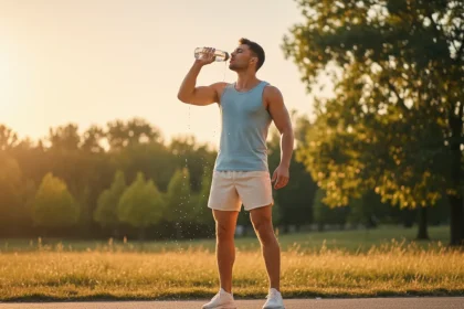 Atleta che beve acqua durante l'esercizio con caldo in estate, idratazione durante l'allenamento estivo