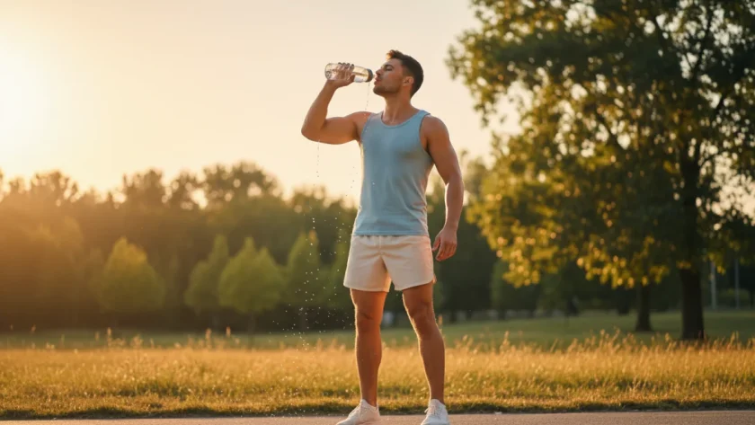 Atleta che beve acqua durante l'esercizio con caldo in estate, idratazione durante l'allenamento estivo
