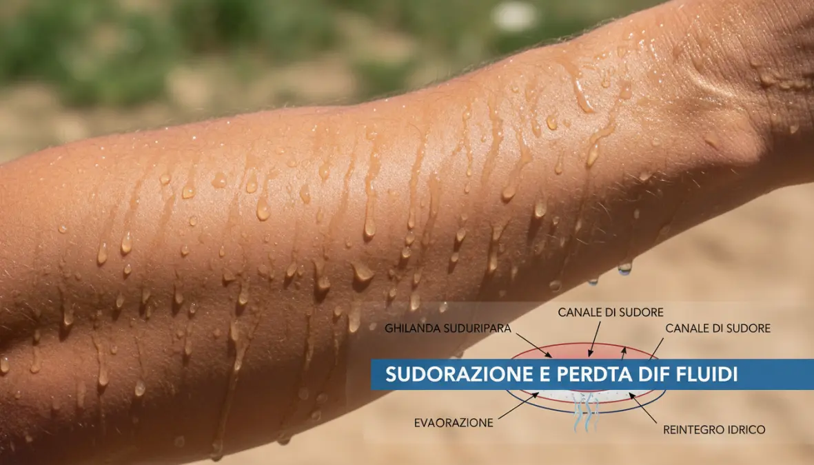 Gocce di sudore durante l'allenamento con il caldo, perdita di fluidi e sudorazione durante l'esercizio fisico