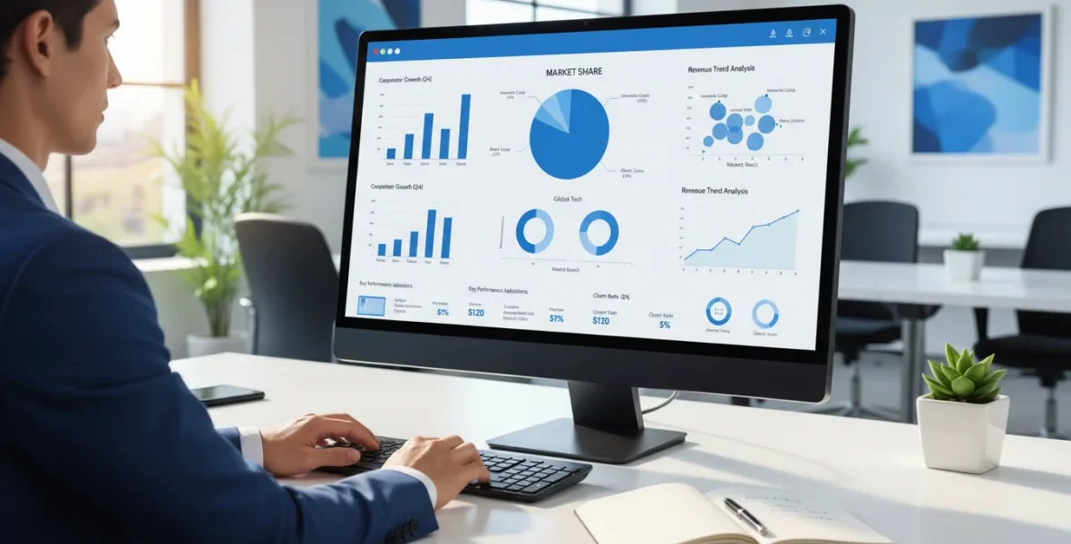 Analisi competitor professionale su dashboard con grafici, metriche di mercato e dati competitivi