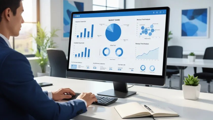 Analisi competitor professionale su dashboard con grafici, metriche di mercato e dati competitivi