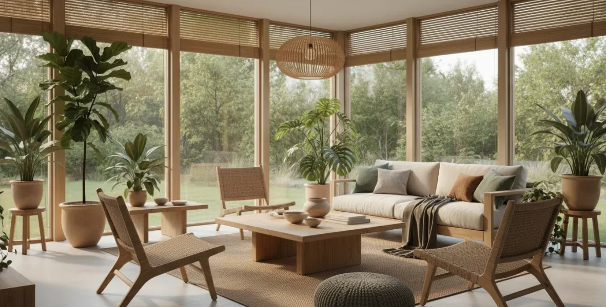 Arredamento sostenibile eco: salotto moderno con mobili green in legno certificato, tessuti naturali e complementi ecologici