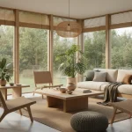 Arredamento sostenibile eco: salotto moderno con mobili green in legno certificato, tessuti naturali e complementi ecologici