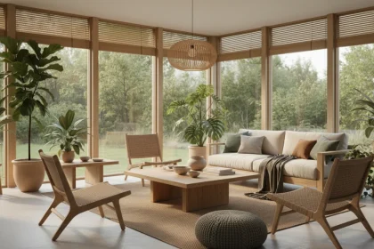 Arredamento sostenibile eco: salotto moderno con mobili green in legno certificato, tessuti naturali e complementi ecologici