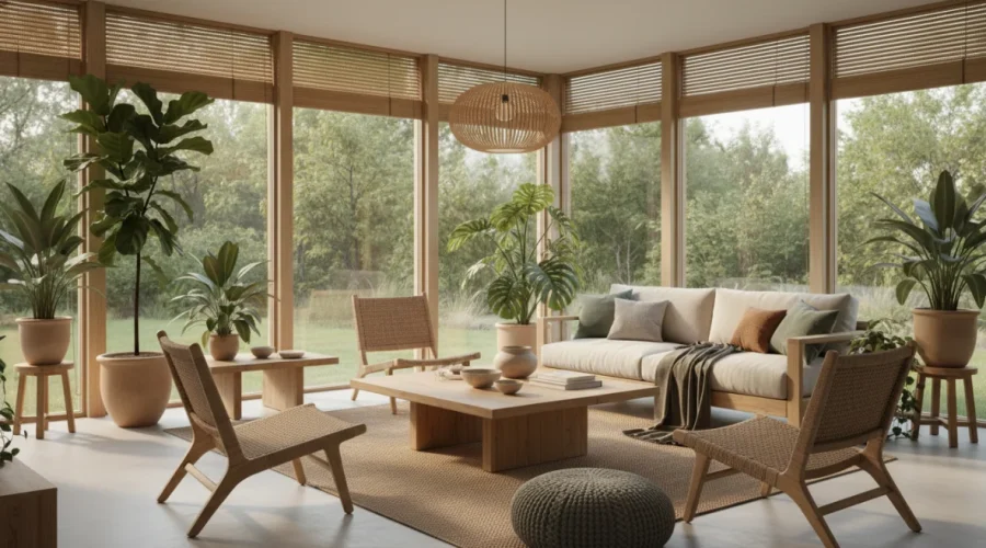 Arredamento sostenibile eco: salotto moderno con mobili green in legno certificato, tessuti naturali e complementi ecologici