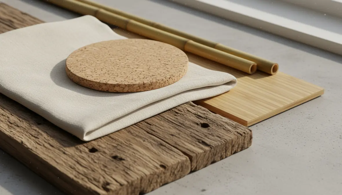 Mobili ecosostenibili: dettaglio di materiali riciclati e biologici per arredamento sostenibile