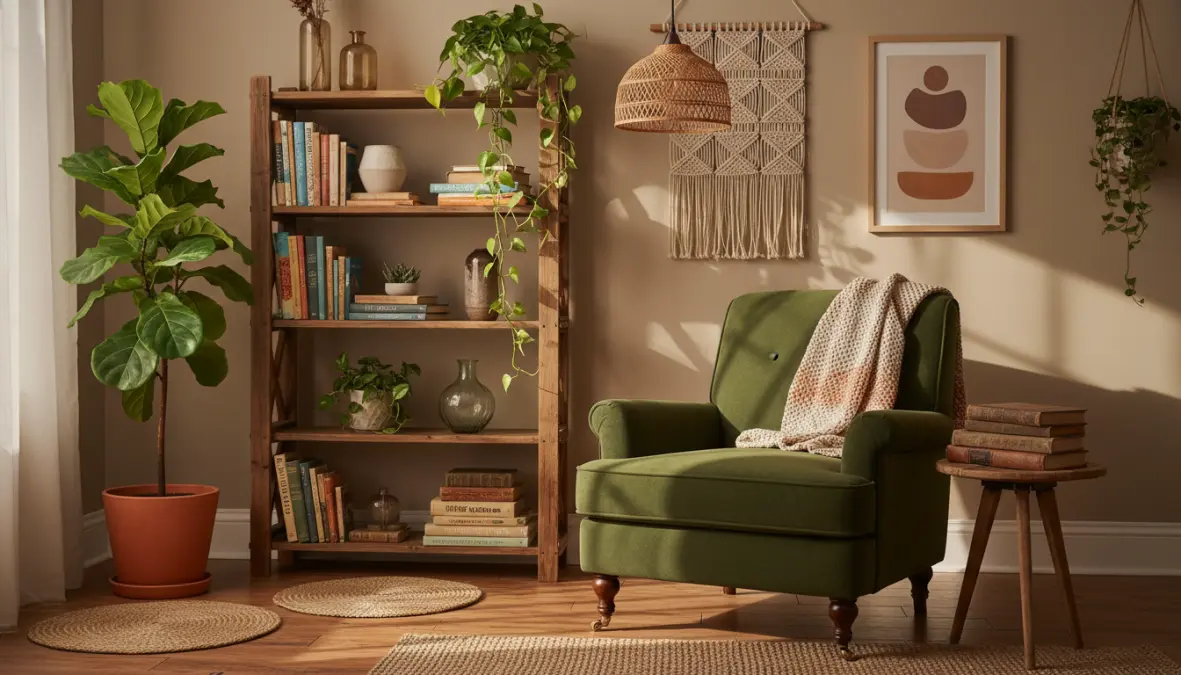 Complementi green per casa: angolo salotto con mobili riciclati rigenerati e arredamento etico