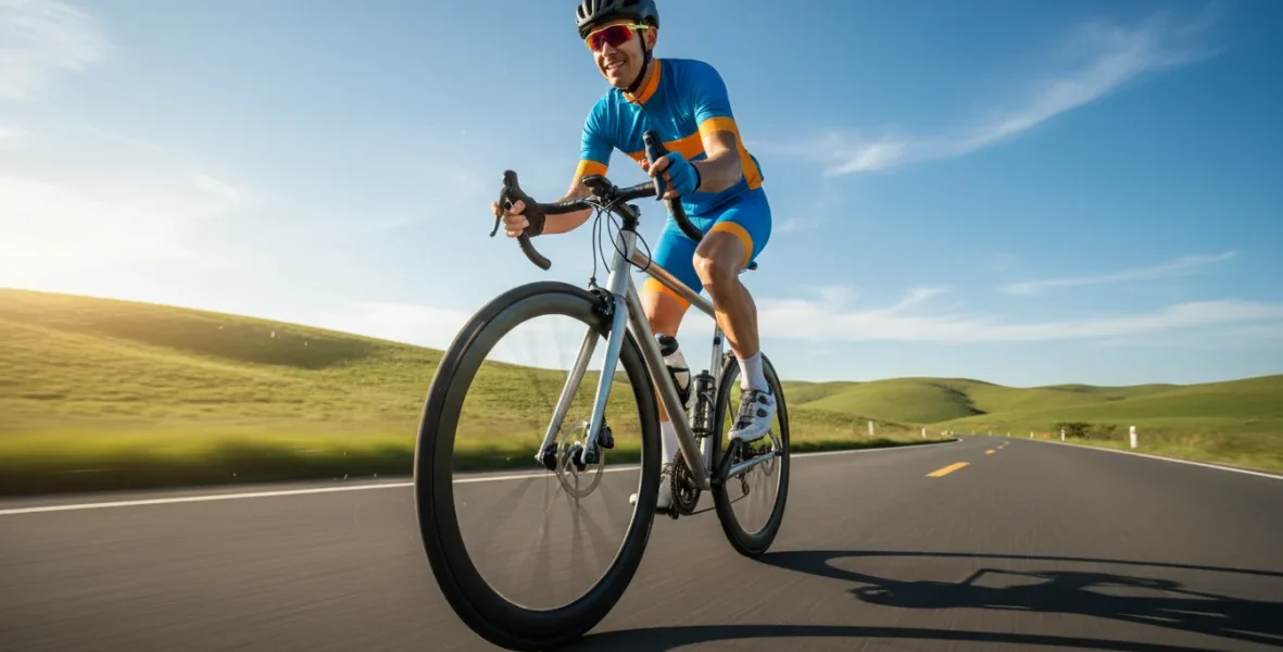 Ciclista principiante su bicicletta strada moderna che pedala su una strada asfaltata soleggiata con paesaggio collinare sullo sfondo