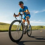 Ciclista principiante su bicicletta strada moderna che pedala su una strada asfaltata soleggiata con paesaggio collinare sullo sfondo