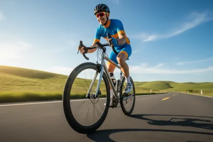 Ciclista principiante su bicicletta strada moderna che pedala su una strada asfaltata soleggiata con paesaggio collinare sullo sfondo
