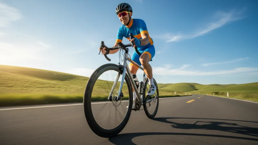 Ciclista principiante su bicicletta strada moderna che pedala su una strada asfaltata soleggiata con paesaggio collinare sullo sfondo