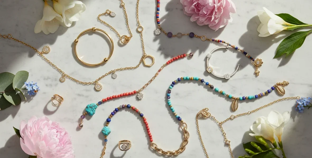 Bijoux tendenze primavera estate: collezione di anelli geometrici dorati, bracciali colorati e collane minimaliste in stile contemporaneo