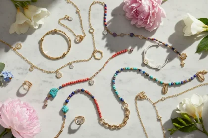 Bijoux tendenze primavera estate: collezione di anelli geometrici dorati, bracciali colorati e collane minimaliste in stile contemporaneo