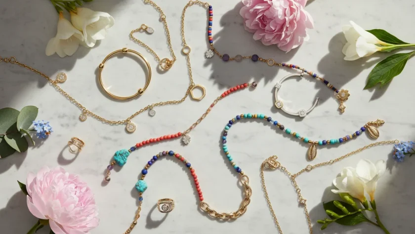 Bijoux tendenze primavera estate: collezione di anelli geometrici dorati, bracciali colorati e collane minimaliste in stile contemporaneo