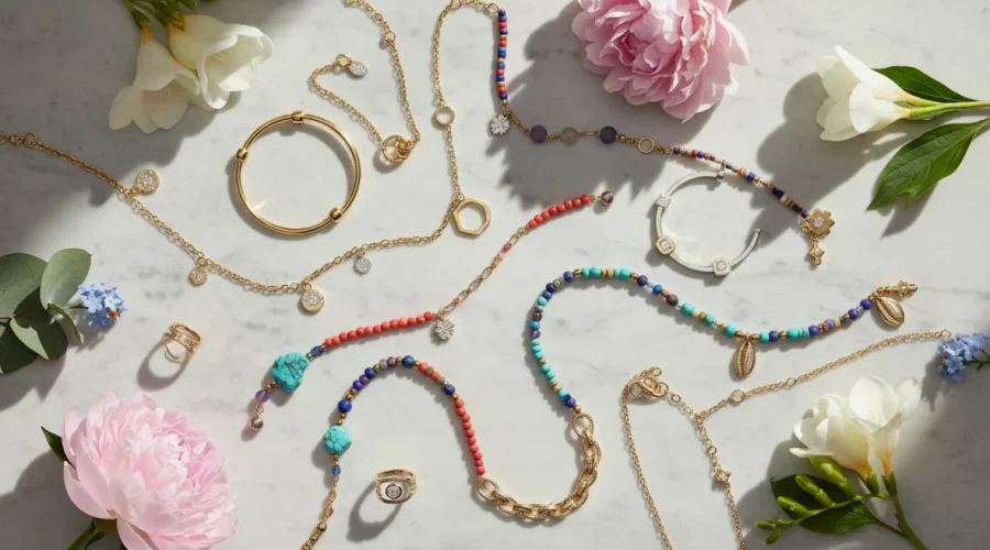 Bijoux tendenze primavera estate: collezione di anelli geometrici dorati, bracciali colorati e collane minimaliste in stile contemporaneo