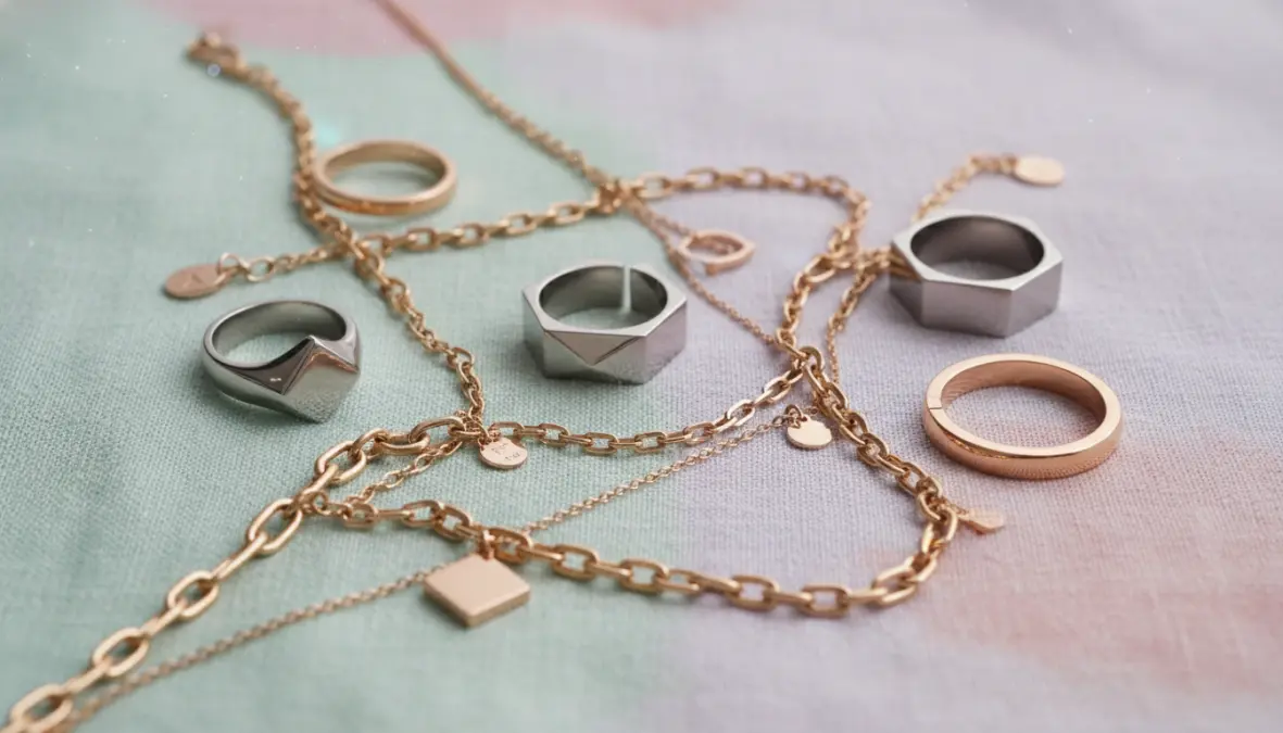Bijoux metalli 2024: bracciali dorati, anelli in acciaio inox e anelli geometrici primavera estatecon design minimalista