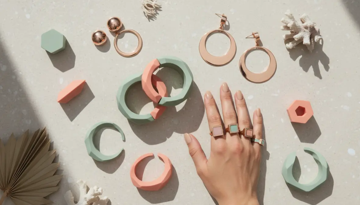Tendenze gioielli primavera estate: bracciali in colori pastello, orecchini forme geometriche e anelli moda in oro e verde salvia